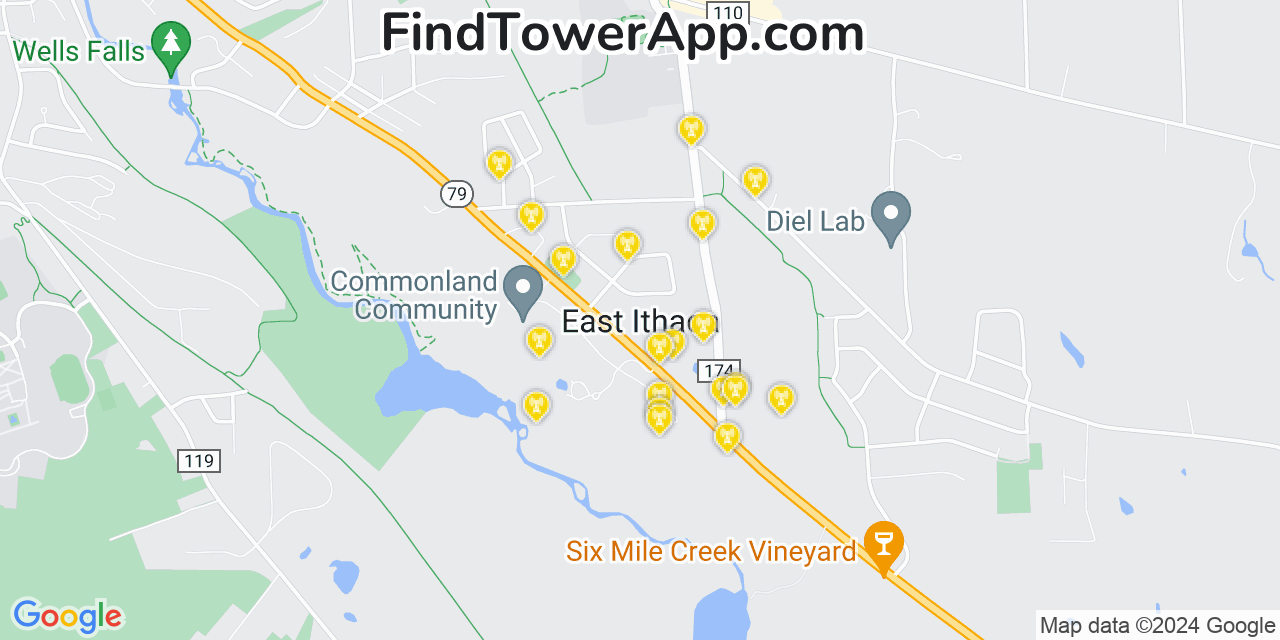 AT&T 4G/5G cell tower coverage map East Ithaca, New York