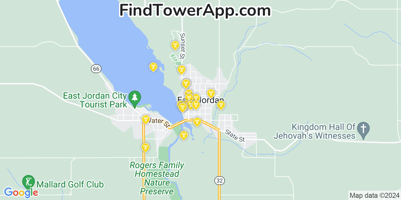 AT&T 4G/5G cell tower coverage map East Jordan, Michigan