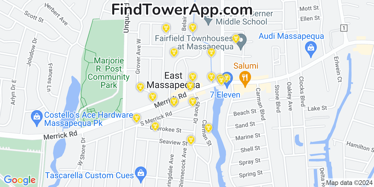 AT&T 4G/5G cell tower coverage map East Massapequa, New York