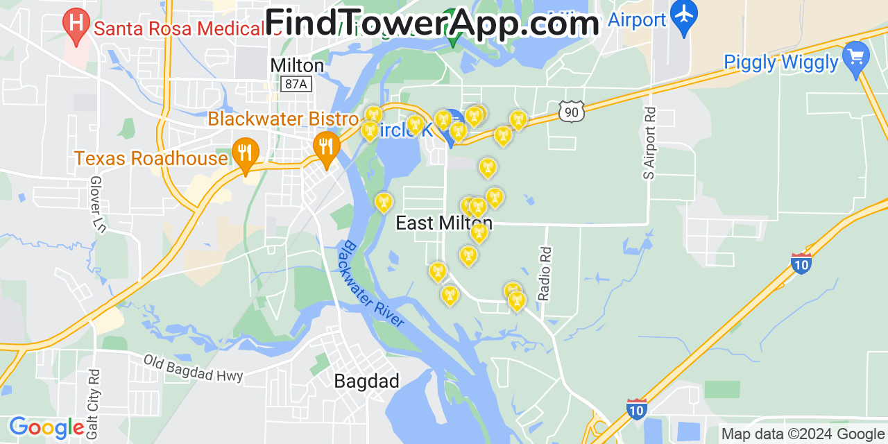 Verizon 4G/5G cell tower coverage map East Milton, Florida
