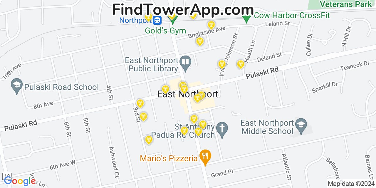 Verizon 4G/5G cell tower coverage map East Northport, New York