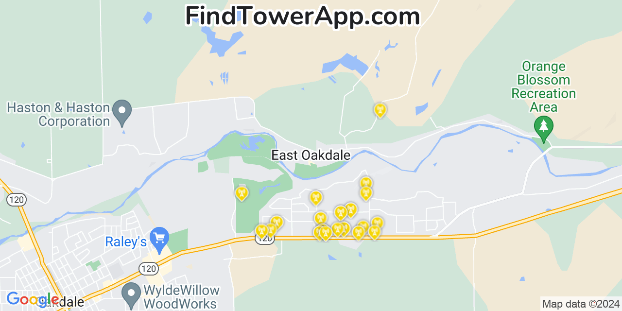 AT&T 4G/5G cell tower coverage map East Oakdale, California