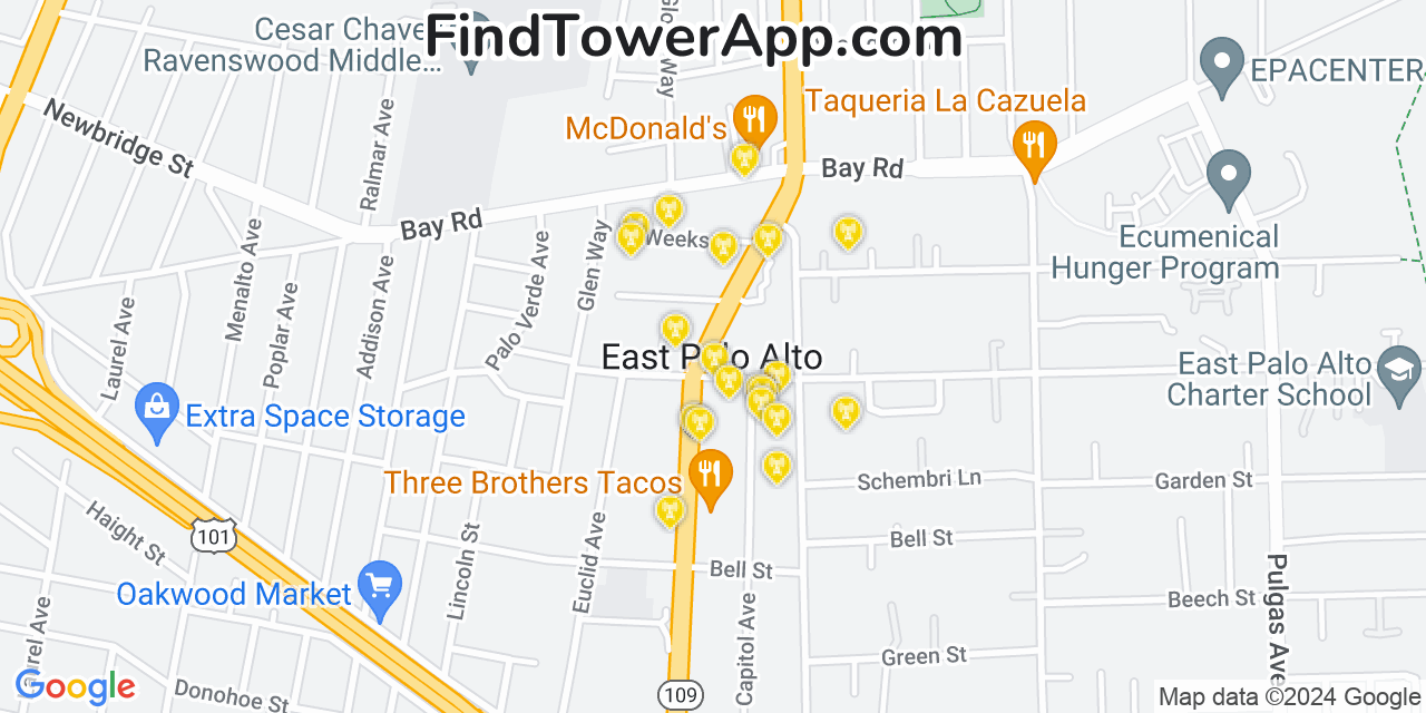 Verizon 4G/5G cell tower coverage map East Palo Alto, California