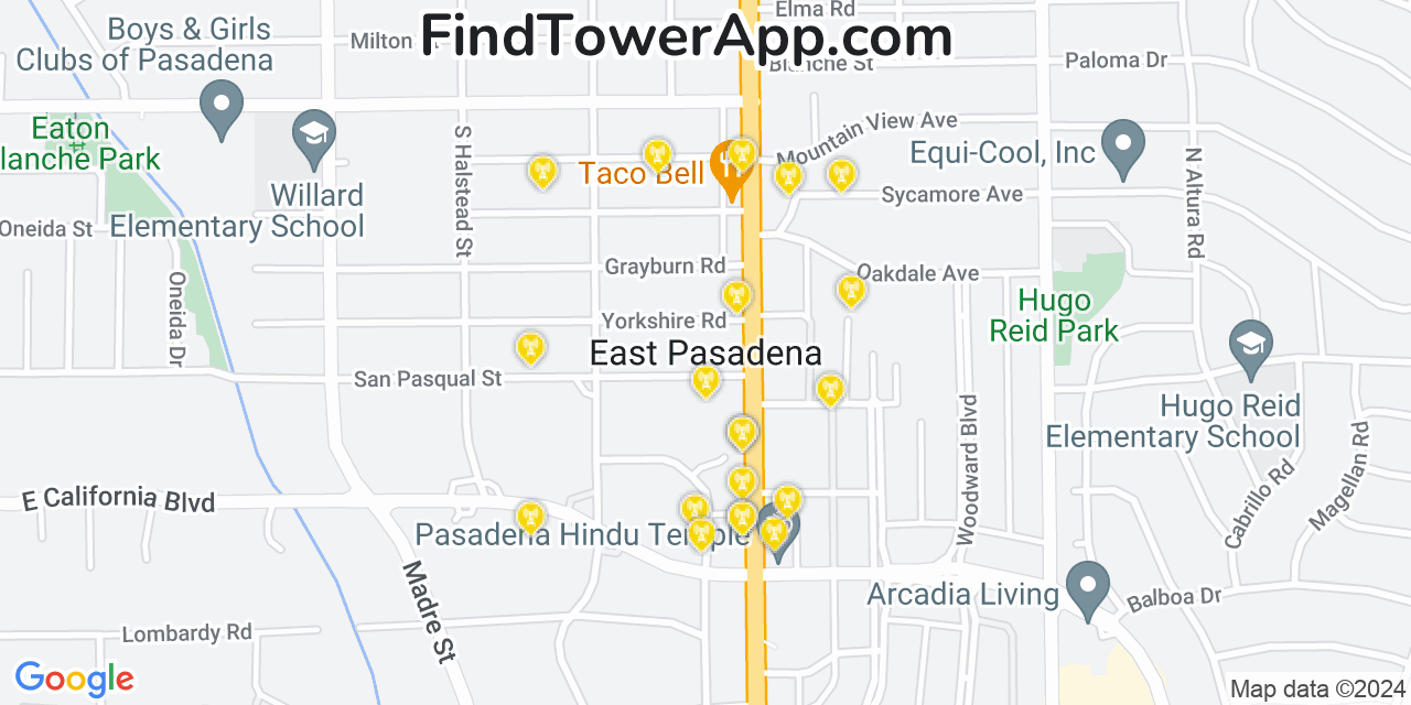 AT&T 4G/5G cell tower coverage map East Pasadena, California