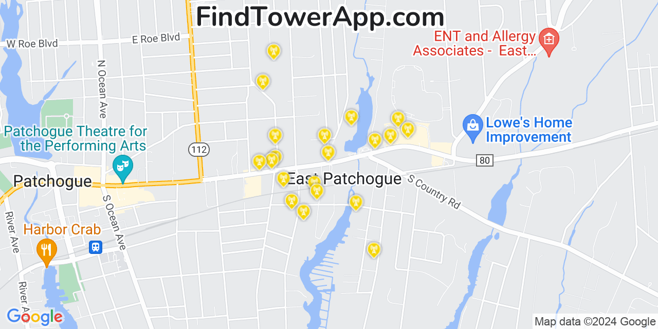 AT&T 4G/5G cell tower coverage map East Patchogue, New York
