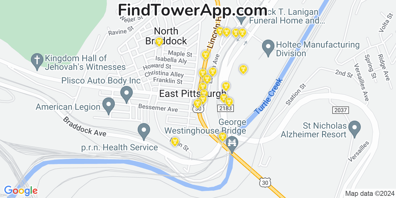 AT&T 4G/5G cell tower coverage map East Pittsburgh, Pennsylvania