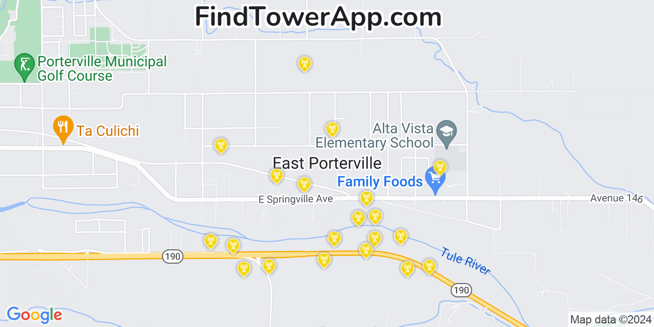 AT&T 4G/5G cell tower coverage map East Porterville, California