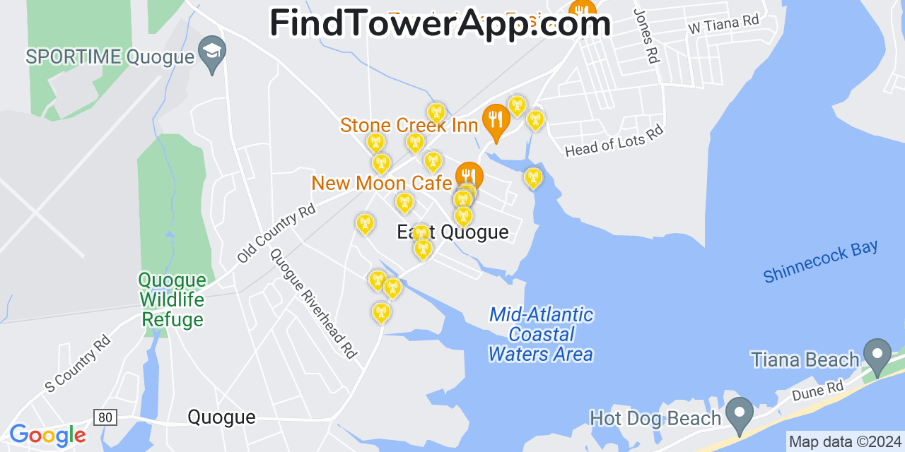 AT&T 4G/5G cell tower coverage map East Quogue, New York