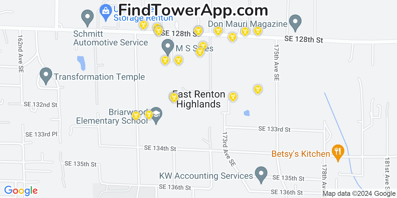 AT&T 4G/5G cell tower coverage map East Renton Highlands, Washington