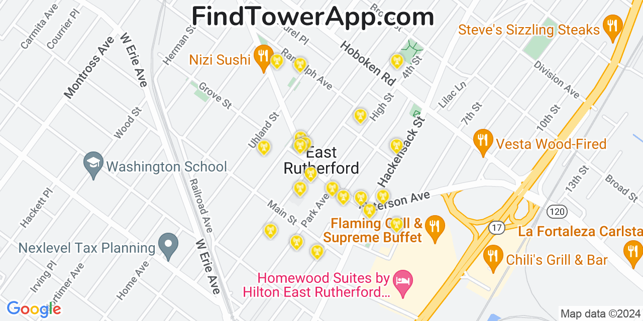 AT&T 4G/5G cell tower coverage map East Rutherford, New Jersey