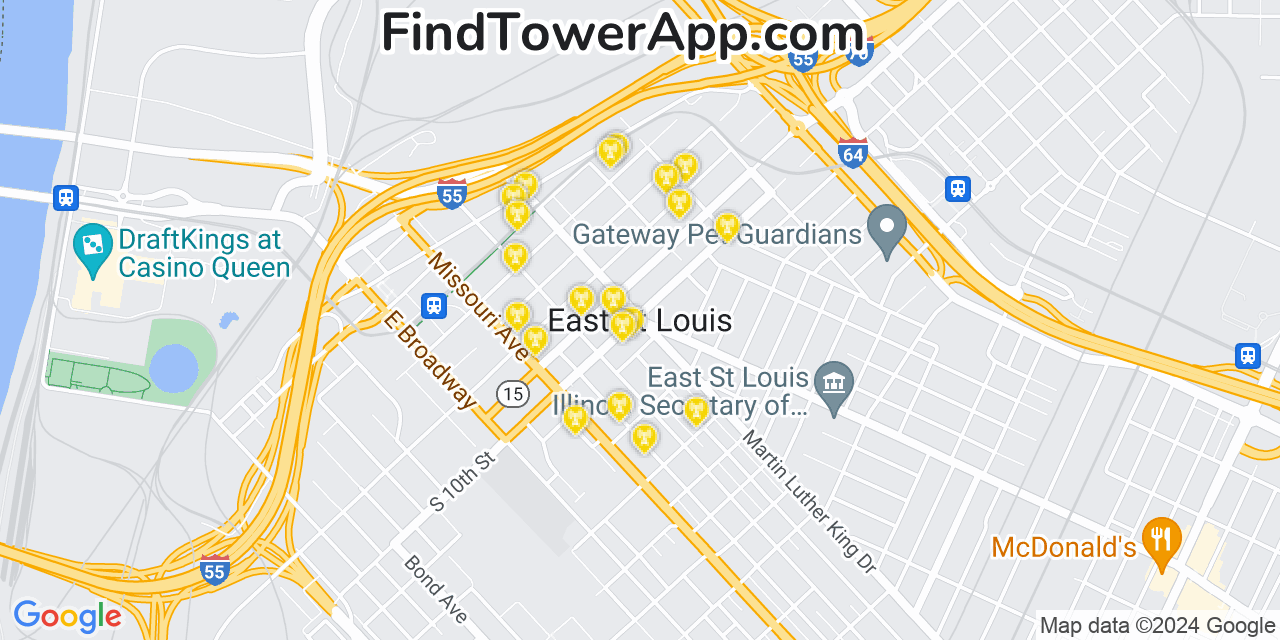 AT&T 4G/5G cell tower coverage map East Saint Louis, Illinois