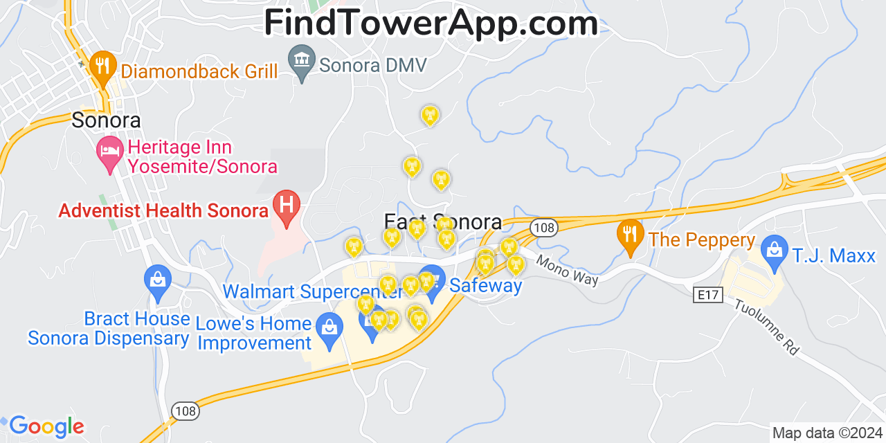 AT&T 4G/5G cell tower coverage map East Sonora, California