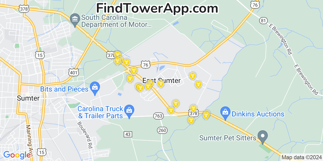 AT&T 4G/5G cell tower coverage map East Sumter, South Carolina