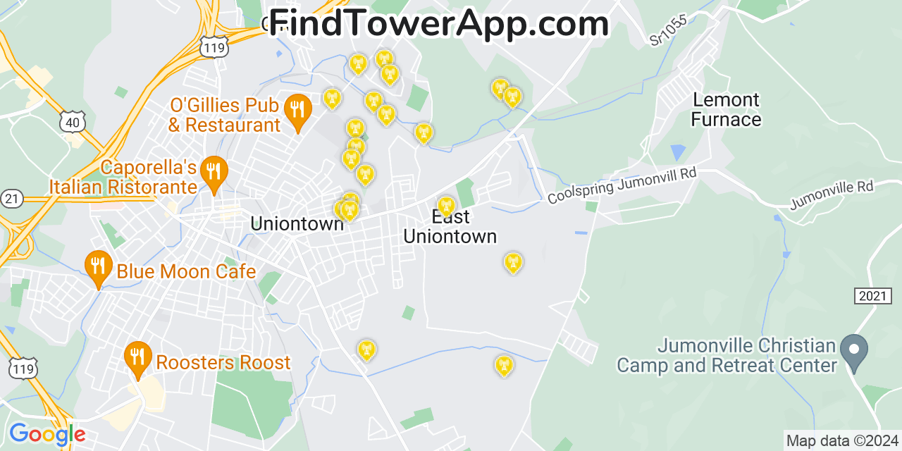 T-Mobile 4G/5G cell tower coverage map East Uniontown, Pennsylvania
