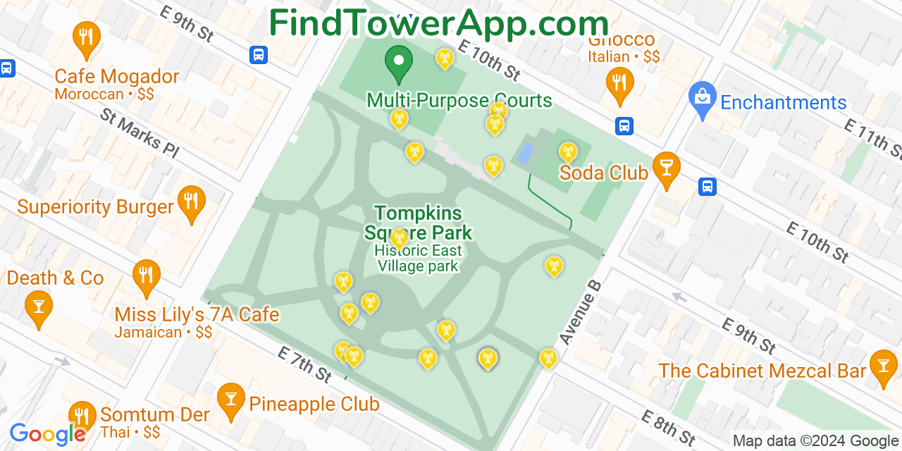 AT&T 4G/5G cell tower coverage map East Village, New York