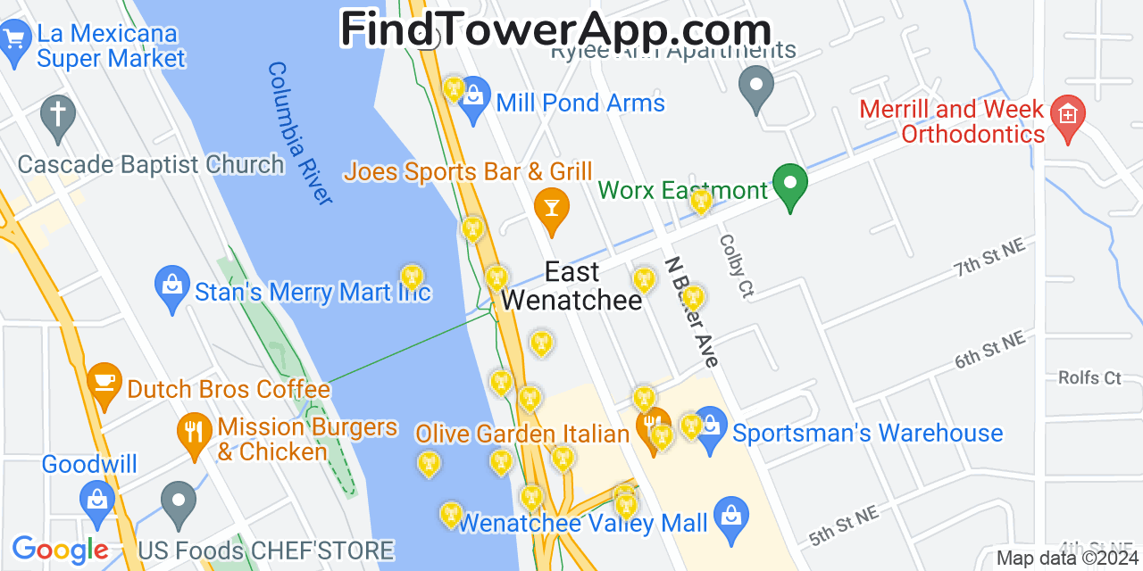 Verizon 4G/5G cell tower coverage map East Wenatchee, Washington