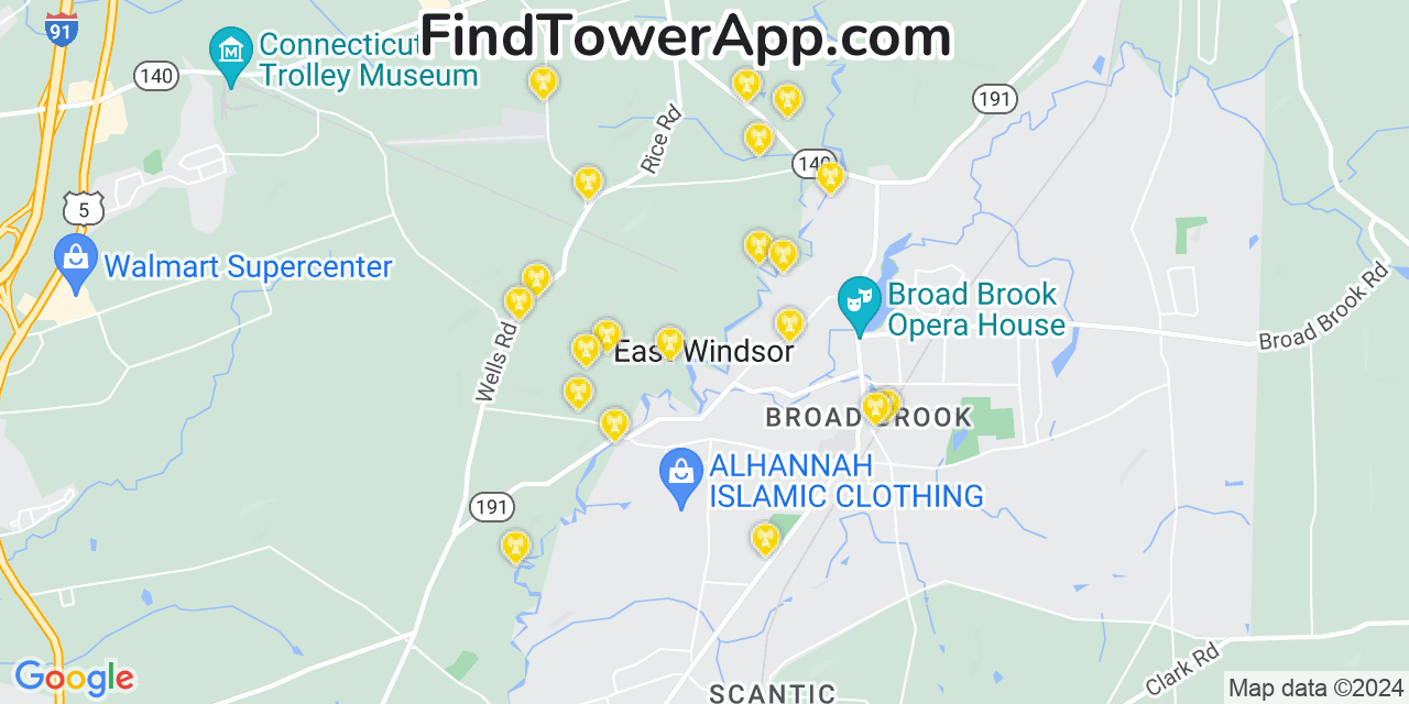 AT&T 4G/5G cell tower coverage map East Windsor, Connecticut