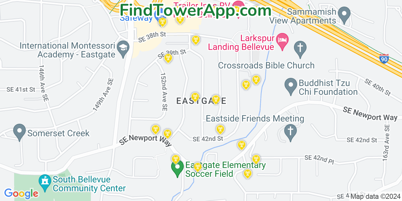 AT&T 4G/5G cell tower coverage map Eastgate, Washington