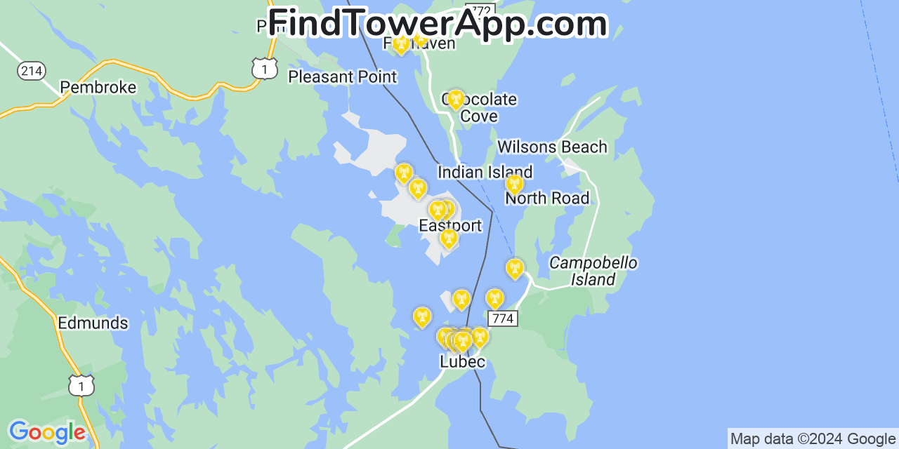 AT&T 4G/5G cell tower coverage map Eastport, Maine