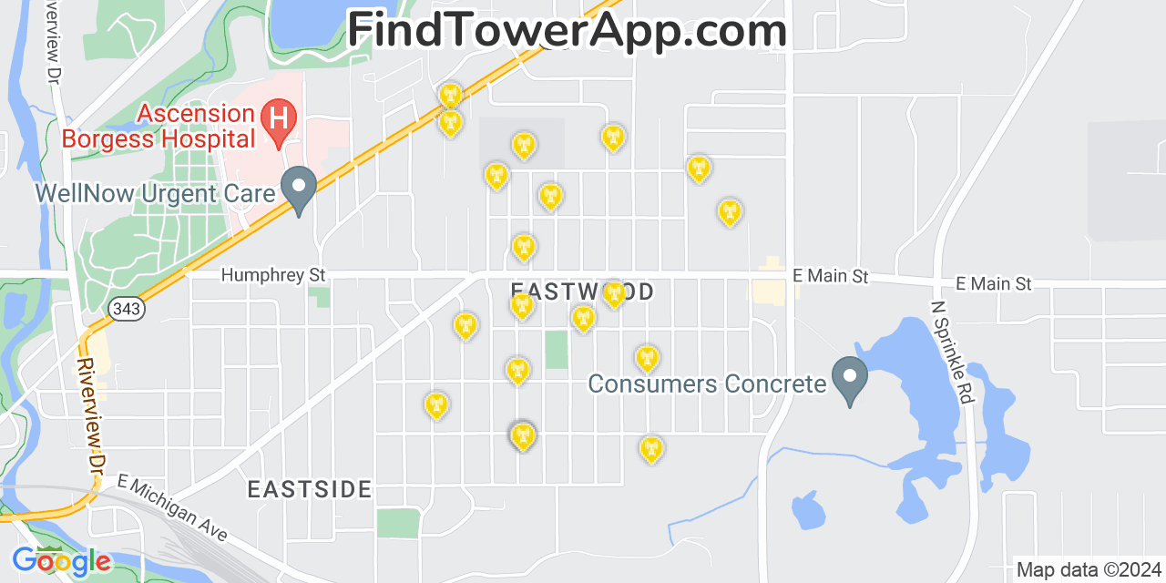 AT&T 4G/5G cell tower coverage map Eastwood, Michigan