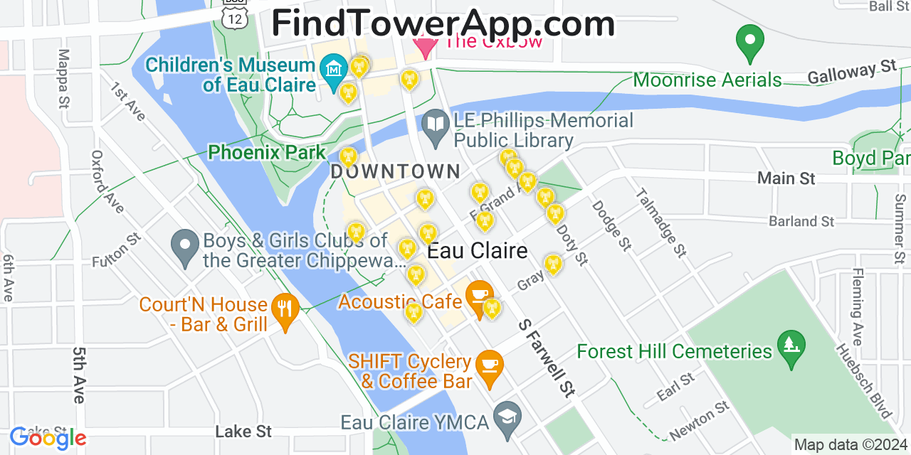 AT&T 4G/5G cell tower coverage map Eau Claire, Wisconsin