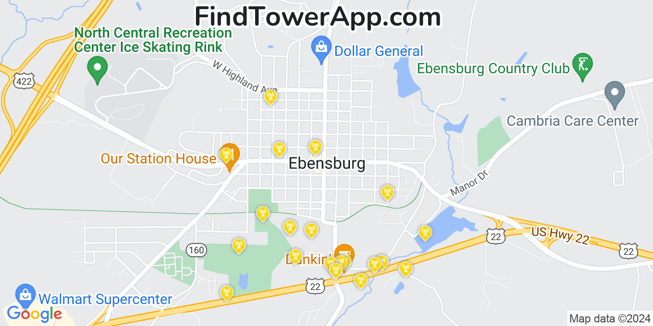 AT&T 4G/5G cell tower coverage map Ebensburg, Pennsylvania