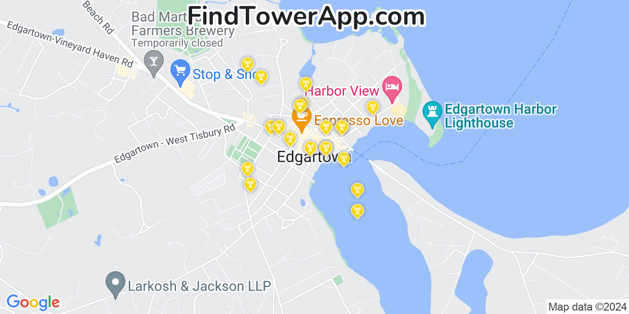 Verizon 4G/5G cell tower coverage map Edgartown, Massachusetts