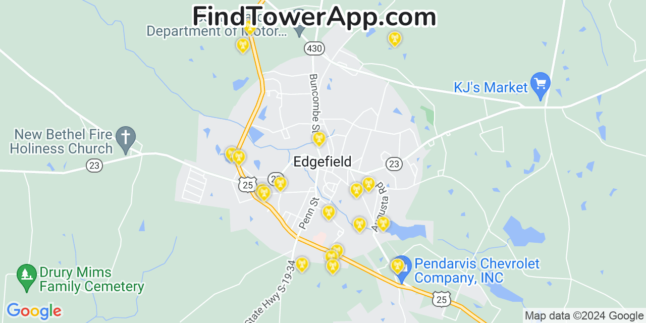 AT&T 4G/5G cell tower coverage map Edgefield, South Carolina