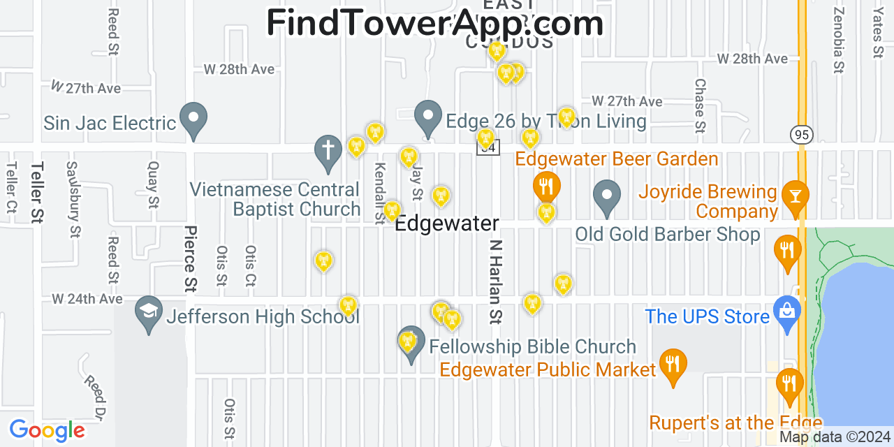 AT&T 4G/5G cell tower coverage map Edgewater, Colorado