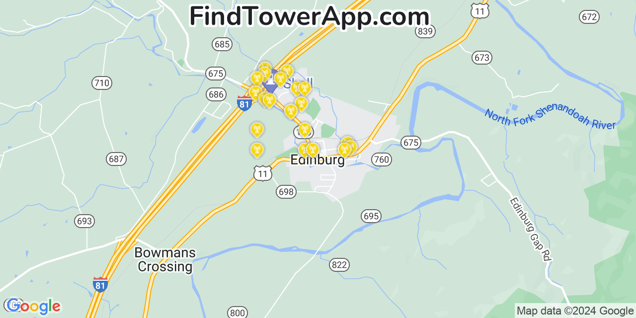 AT&T 4G/5G cell tower coverage map Edinburg, Virginia