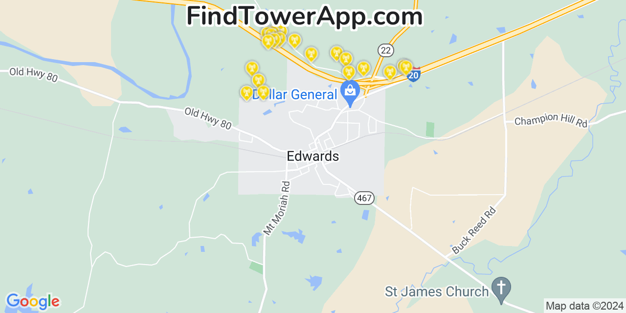 AT&T 4G/5G cell tower coverage map Edwards, Mississippi