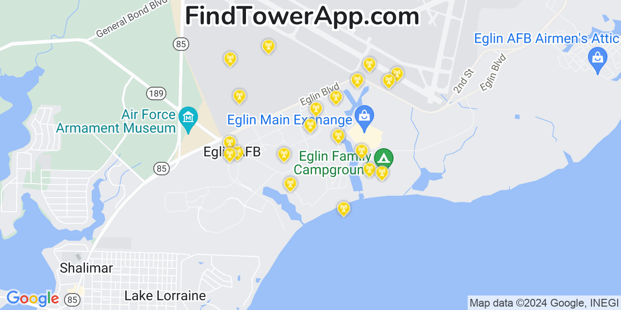 AT&T 4G/5G cell tower coverage map Eglin Village, Florida