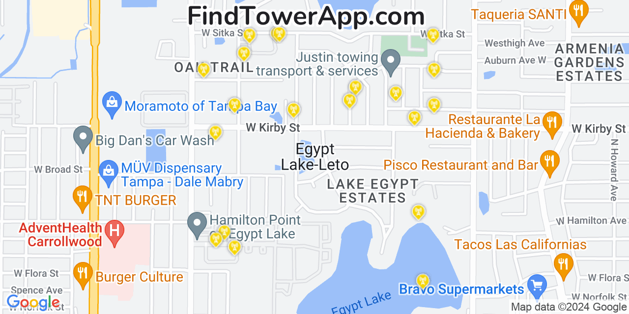 AT&T 4G/5G cell tower coverage map Egypt Lake Leto, Florida