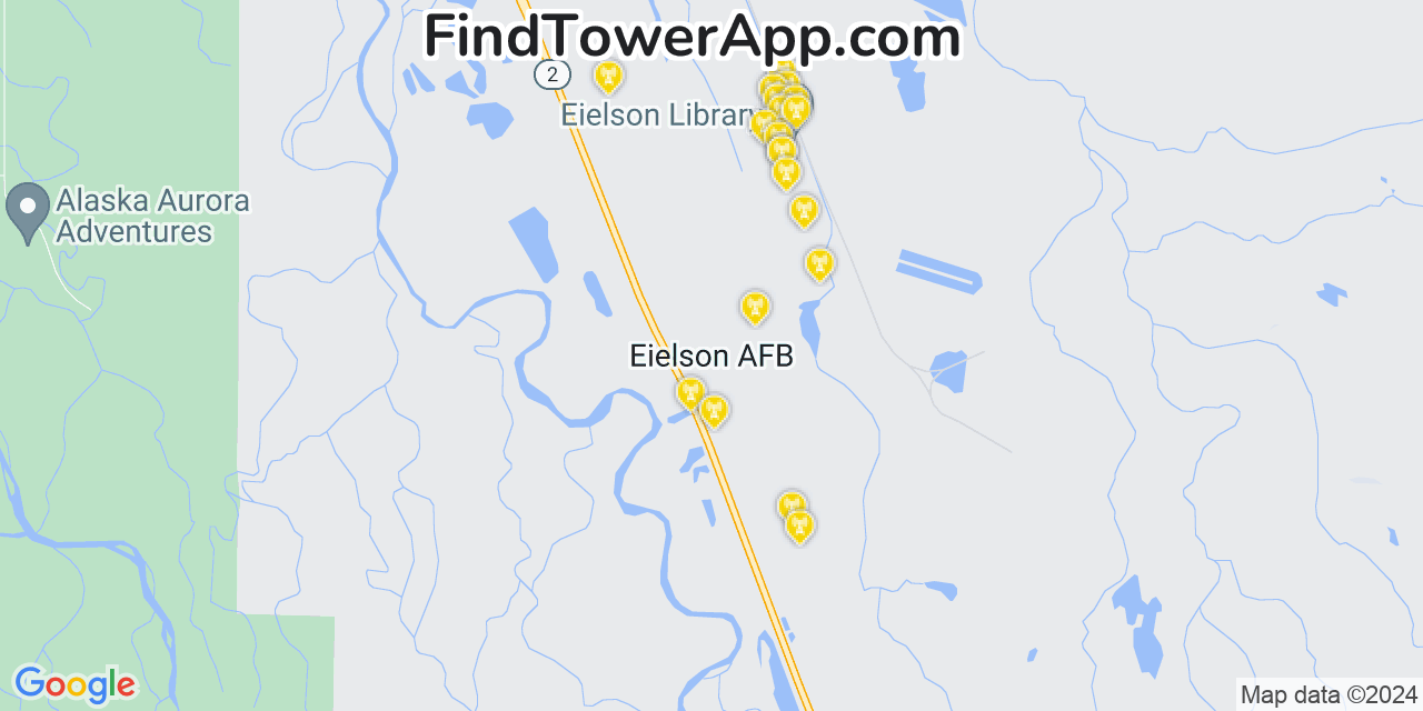 AT&T 4G/5G cell tower coverage map Eielson Air Force Base, Alaska