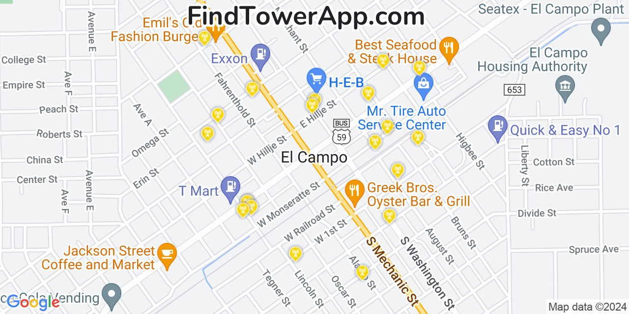 AT&T 4G/5G cell tower coverage map El Campo, Texas