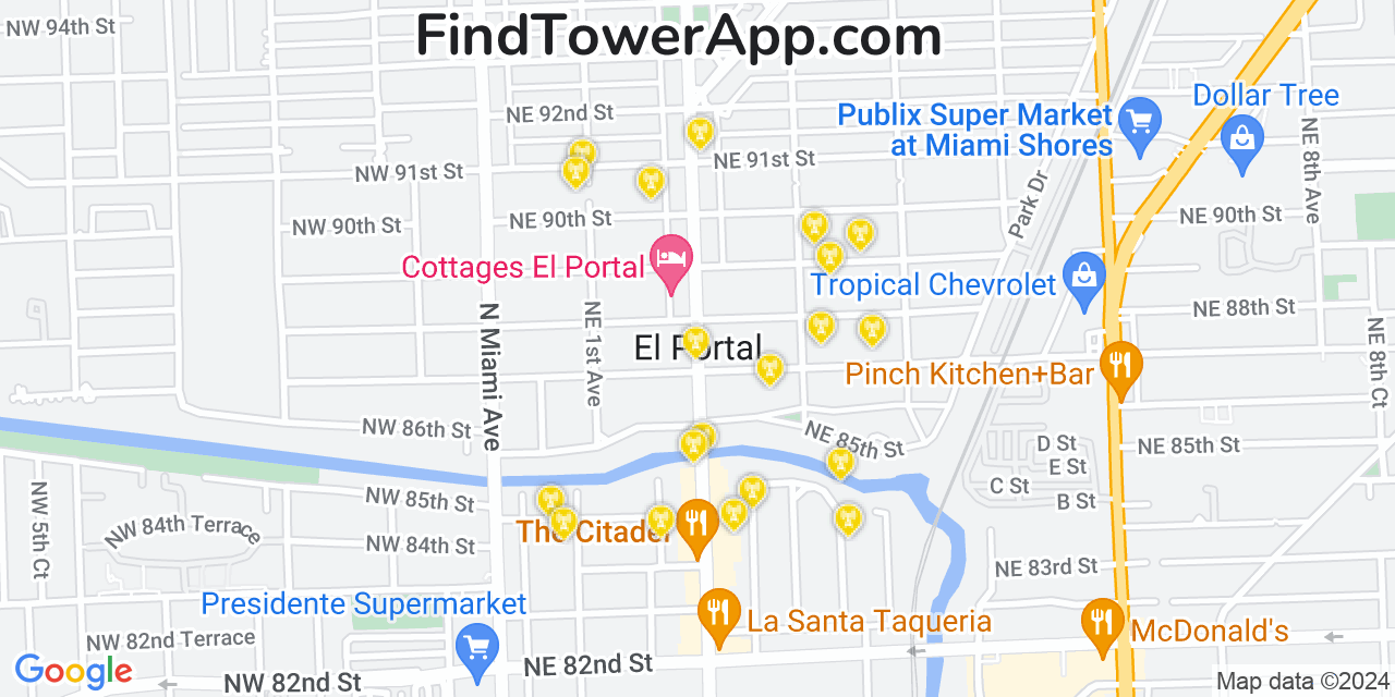 AT&T 4G/5G cell tower coverage map El Portal, Florida