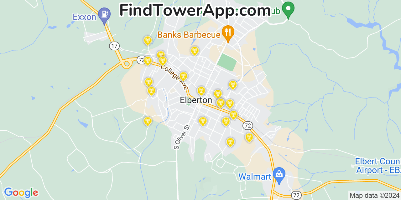 AT&T 4G/5G cell tower coverage map Elberton, Georgia