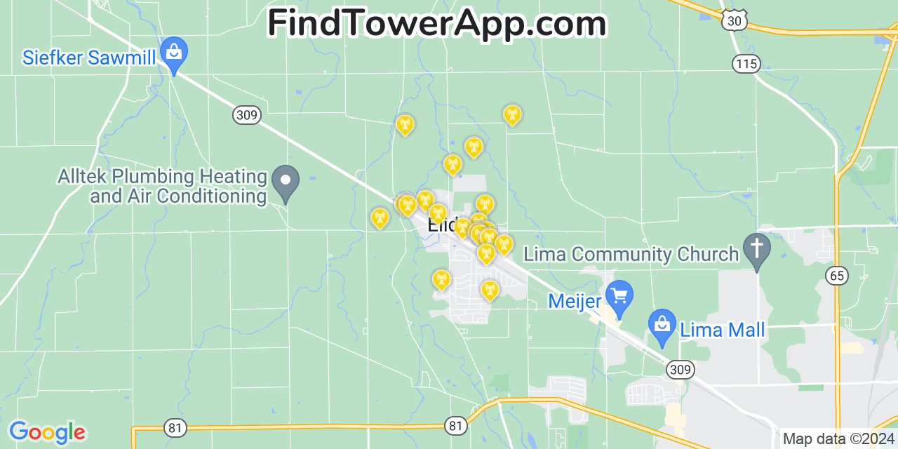 AT&T 4G/5G cell tower coverage map Elida, Ohio