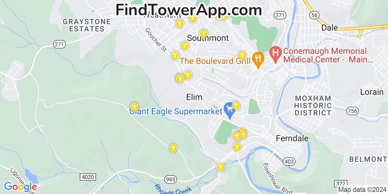 AT&T 4G/5G cell tower coverage map Elim, Pennsylvania