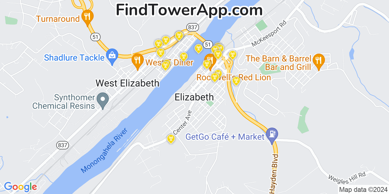 AT&T 4G/5G cell tower coverage map Elizabeth, Pennsylvania