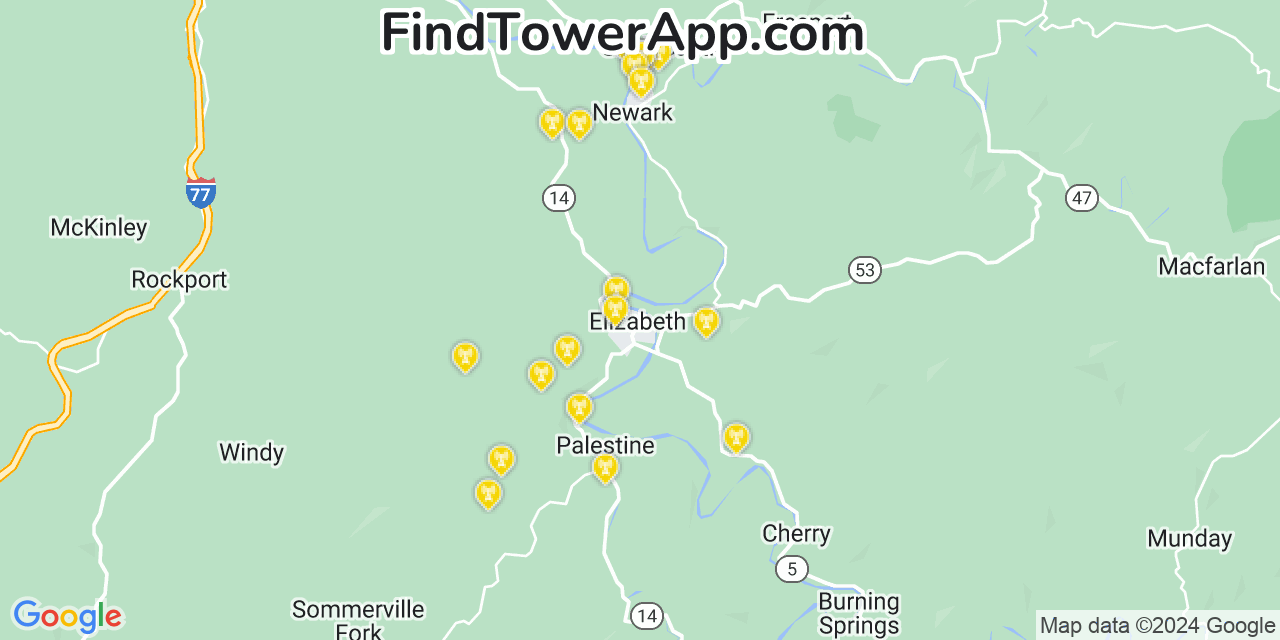 AT&T 4G/5G cell tower coverage map Elizabeth, West Virginia