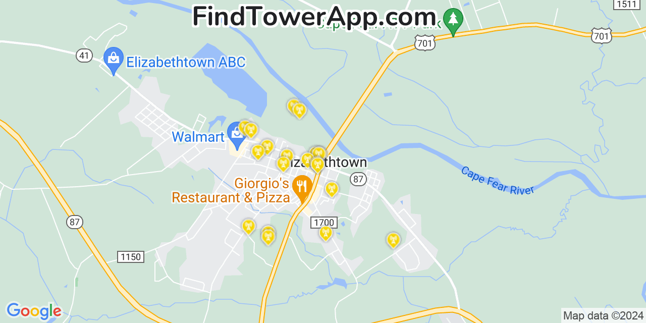 AT&T 4G/5G cell tower coverage map Elizabethtown, North Carolina