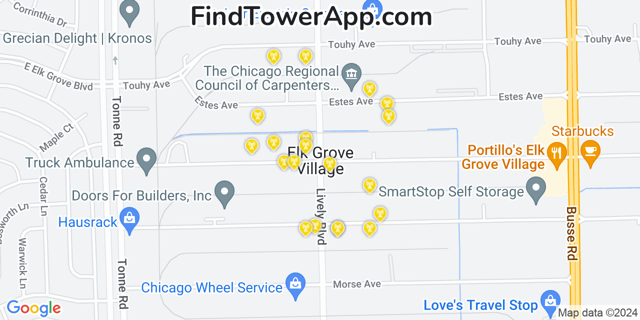 AT&T 4G/5G cell tower coverage map Elk Grove Village, Illinois