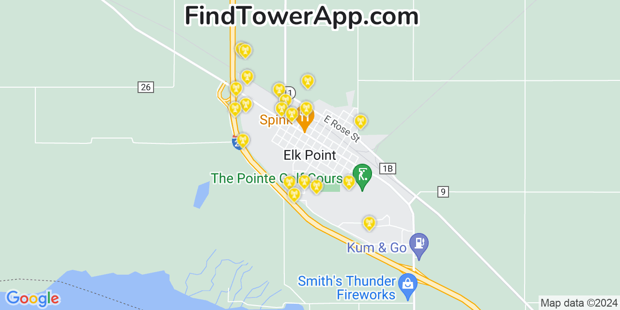AT&T 4G/5G cell tower coverage map Elk Point, South Dakota