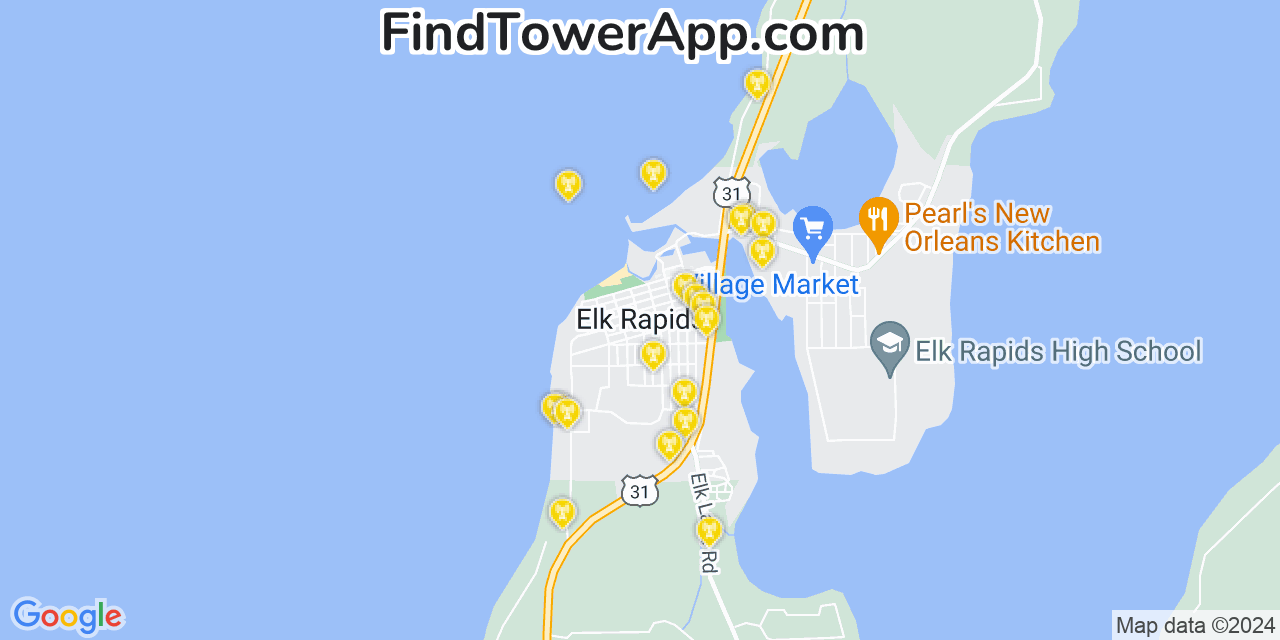 AT&T 4G/5G cell tower coverage map Elk Rapids, Michigan