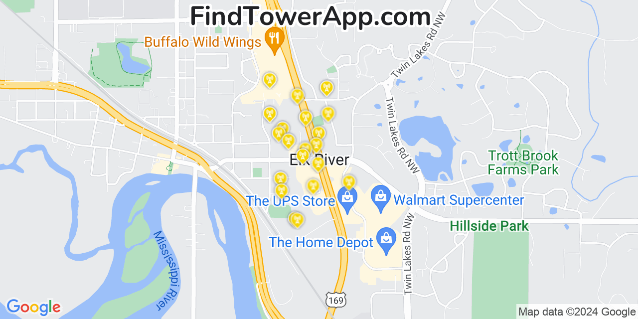 AT&T 4G/5G cell tower coverage map Elk River, Minnesota