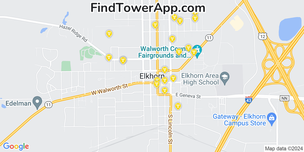AT&T 4G/5G cell tower coverage map Elkhorn, Wisconsin
