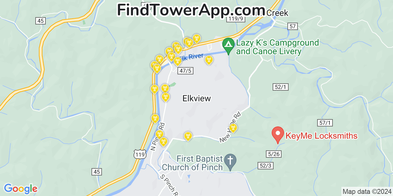 AT&T 4G/5G cell tower coverage map Elkview, West Virginia