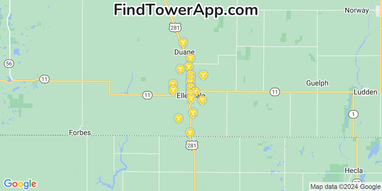 AT&T 4G/5G cell tower coverage map Ellendale, North Dakota