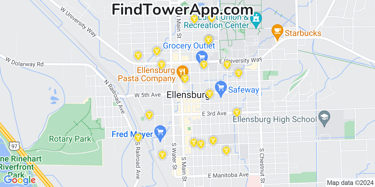 AT&T 4G/5G cell tower coverage map Ellensburg, Washington